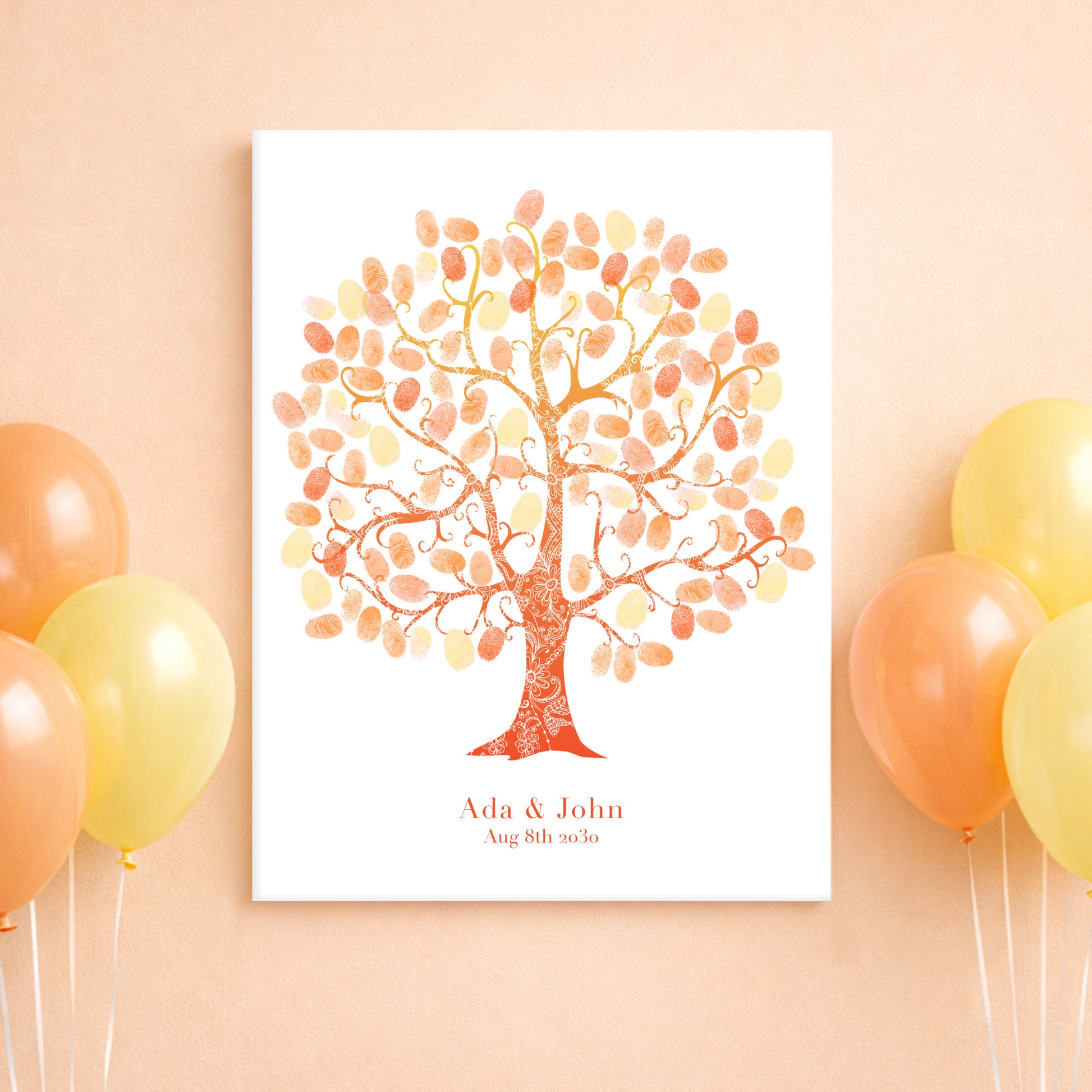 Decorative fingerprint tree print with colorful balloons on a peach background