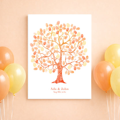 Decorative fingerprint tree print with colorful balloons on a peach background