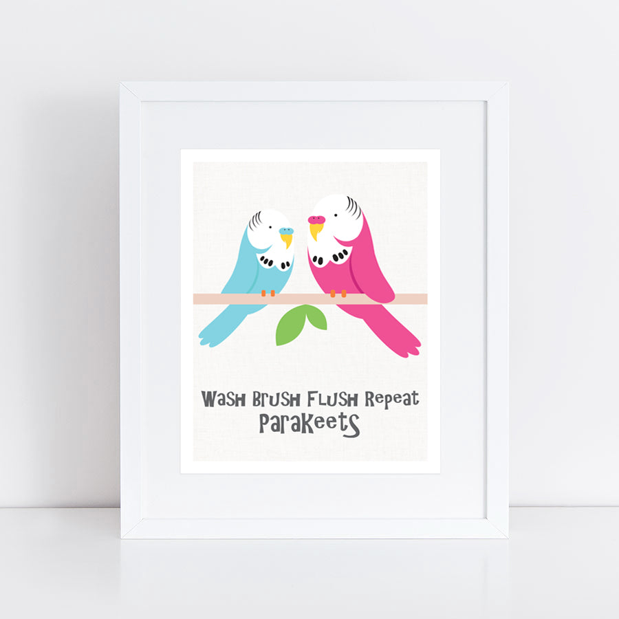 Pink and blue budgies with wash brush flush repeat, parakeets text in frame