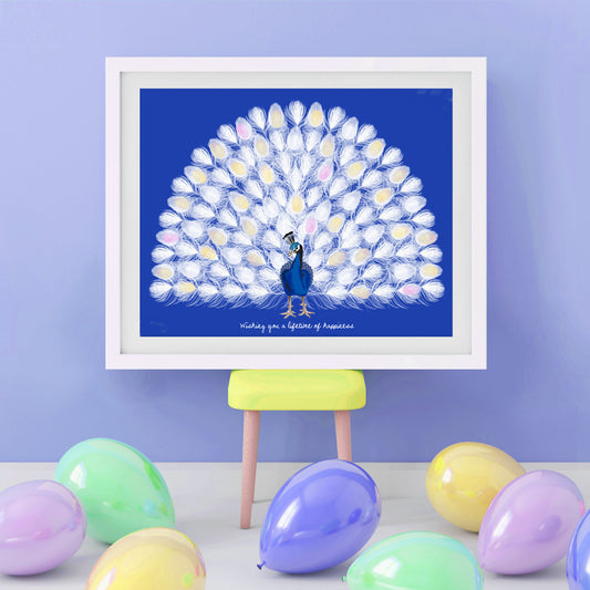 fingerprint peacock guest book poster at a party surrounded by balloons