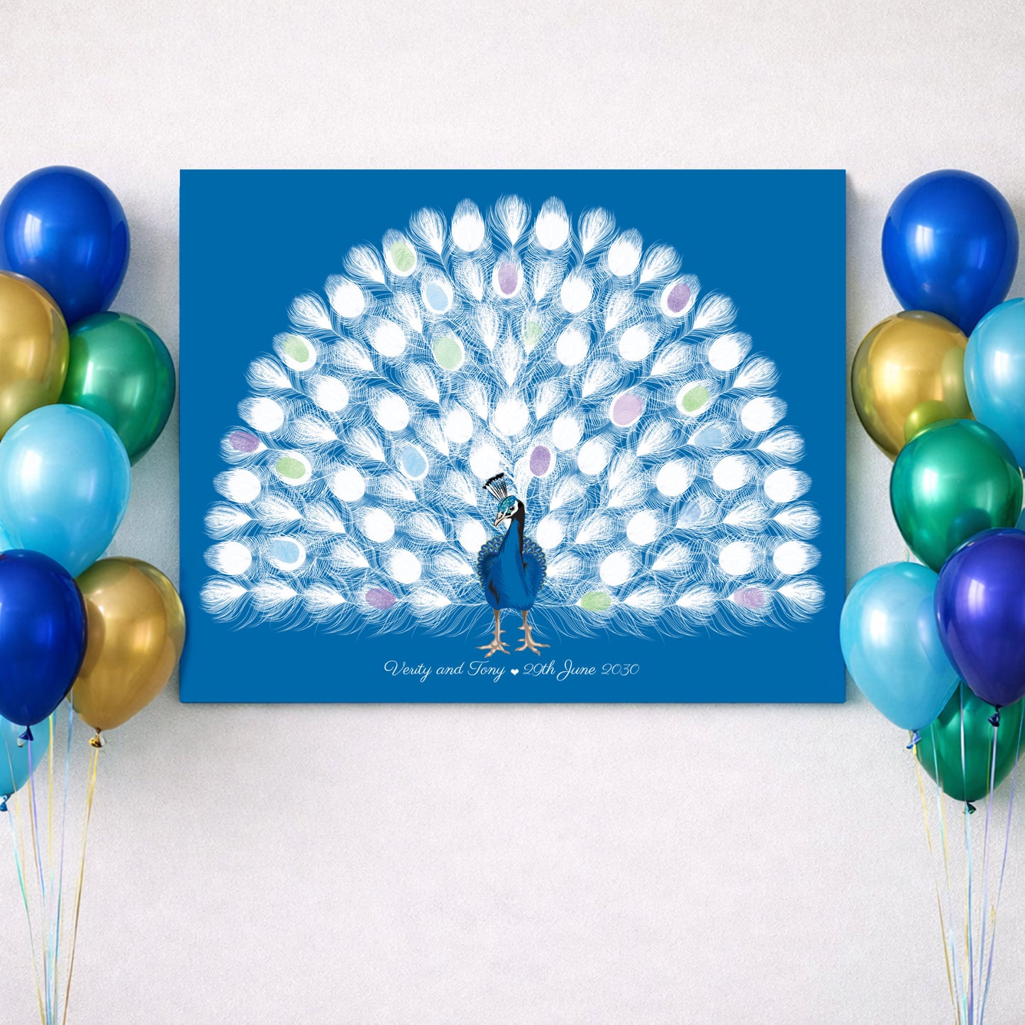 Decorative wall art guest book alternative of a peacock with balloons on a white background