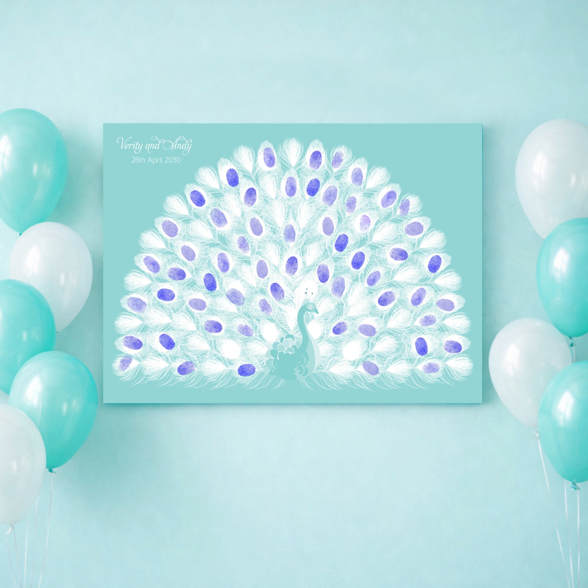 Canvas print of a peacock design with balloons on a light blue wall