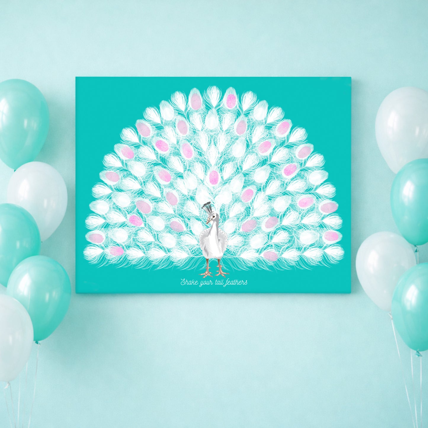 Fingerprint guest book canvas print of a peacock illustration on a teal background with balloons.