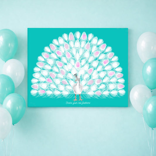 Fingerprint guest book canvas print of a peacock illustration on a teal background with balloons.