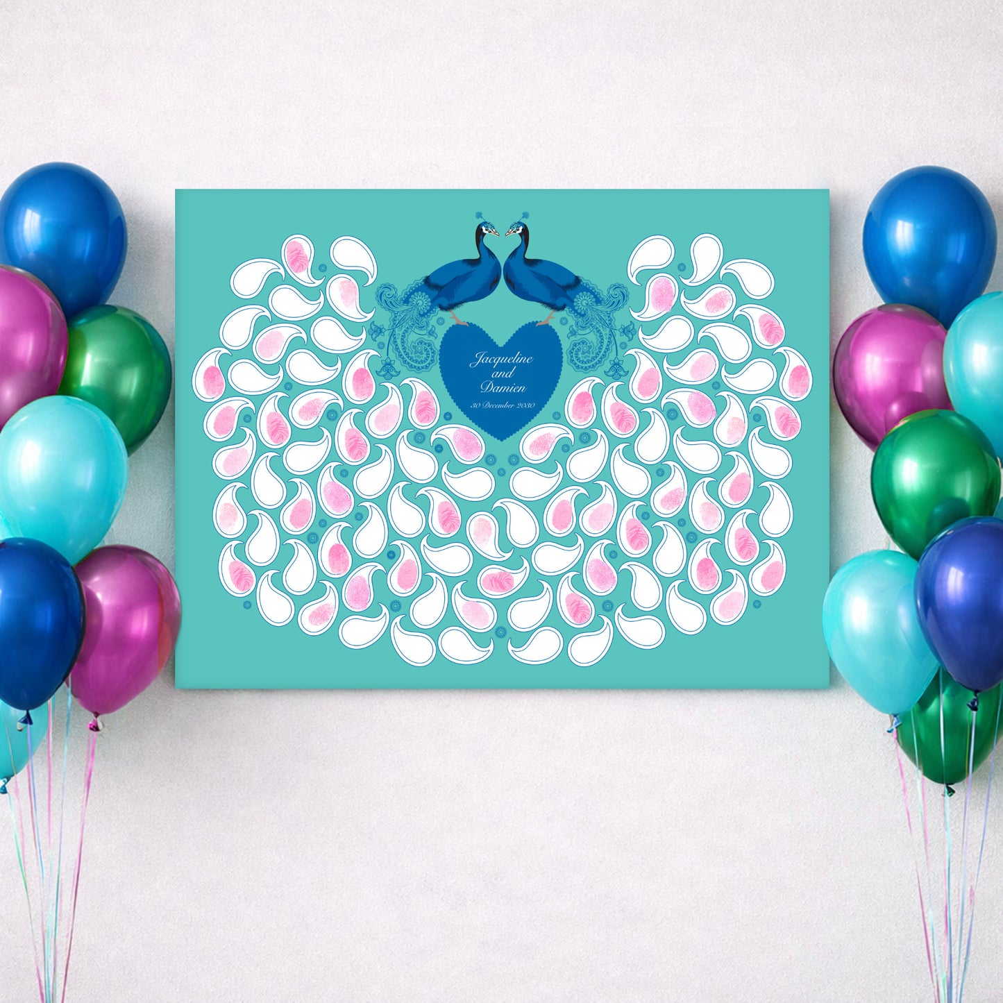 Decorative wall art guest book poster with peacock design and balloons on a white background