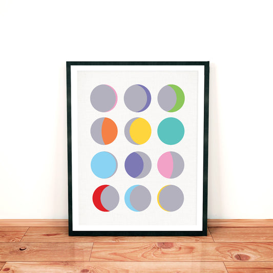 phases of the moon print with colourful circles