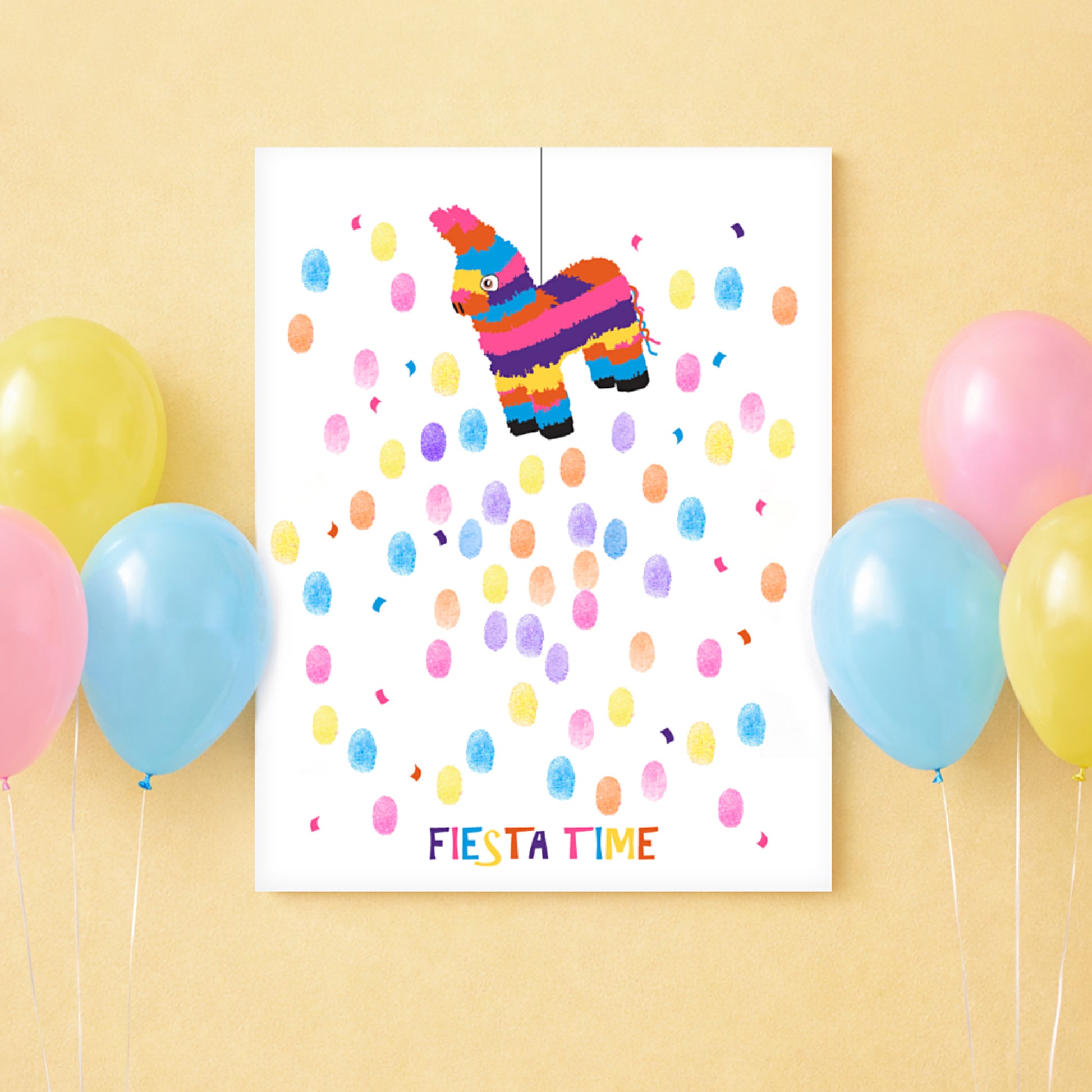 Colorful 'Fiesta Time' poster with a pinata and balloons on a yellow background
