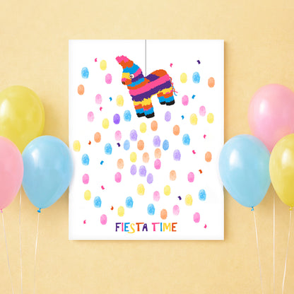 Colorful 'Fiesta Time' poster with a pinata and balloons on a yellow background