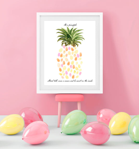 guest book poster at a party with pineapple top and guests fingerprints as the base of the fruit