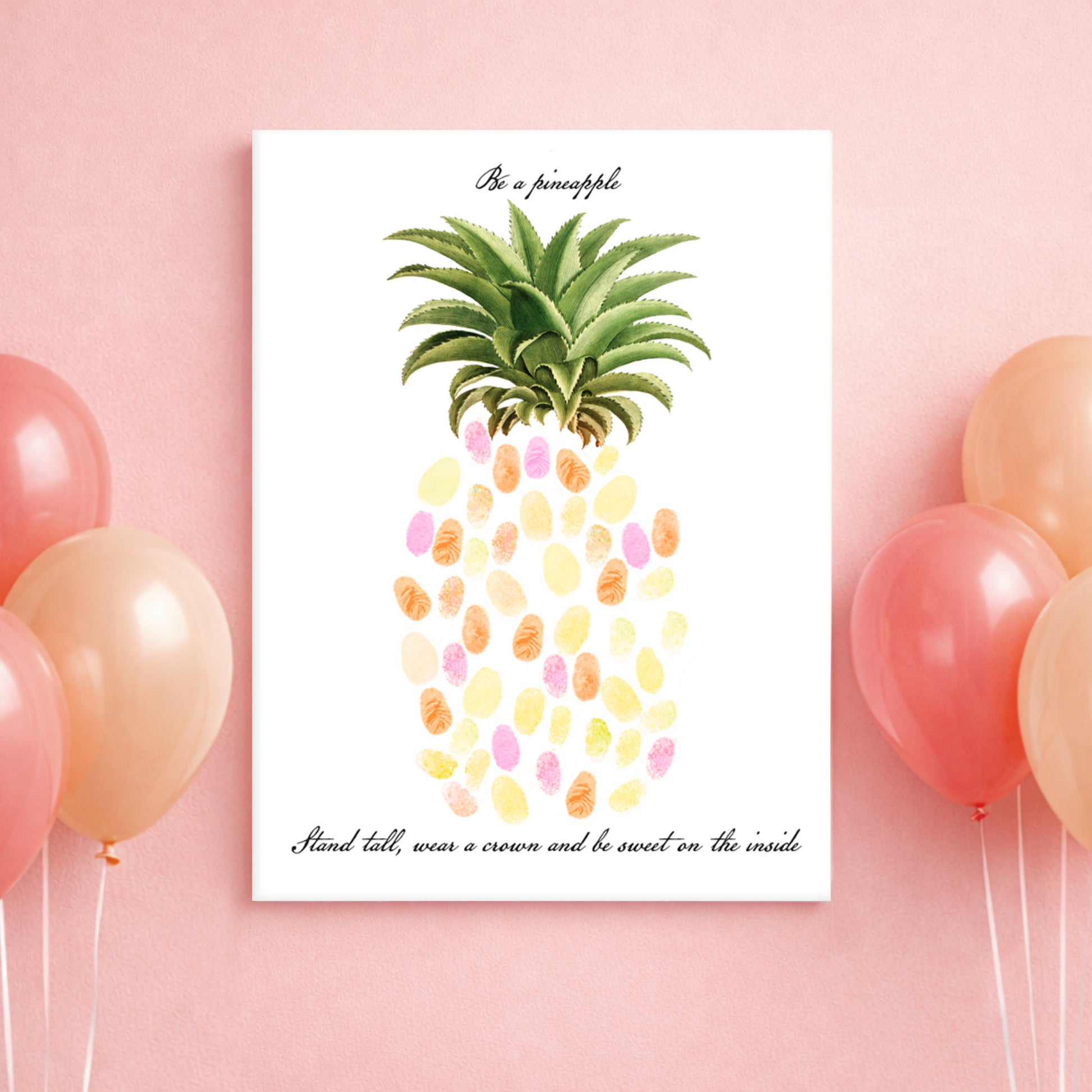 Guest book poster with pineapple design and balloons on a pink background