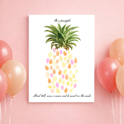 Guest book poster with pineapple design and balloons on a pink background