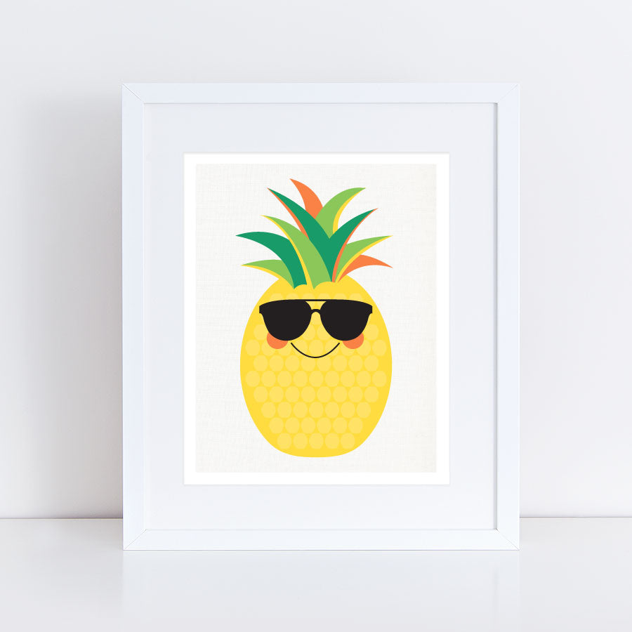illustration of a pineapple wearing sunglasses.