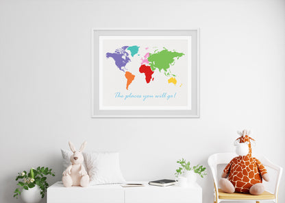 white nursery with toys and poster of colourful world map for kids with the places you will go! on it