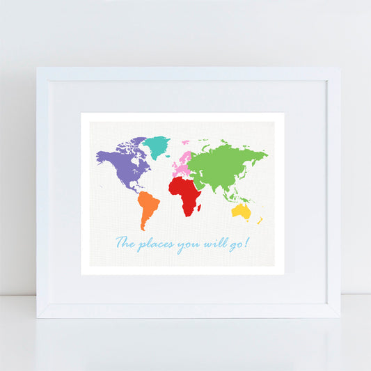 colourful world map for kids with the places you will go! on it