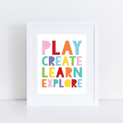 Play Create Learn Explore" art print colourful typography poster 