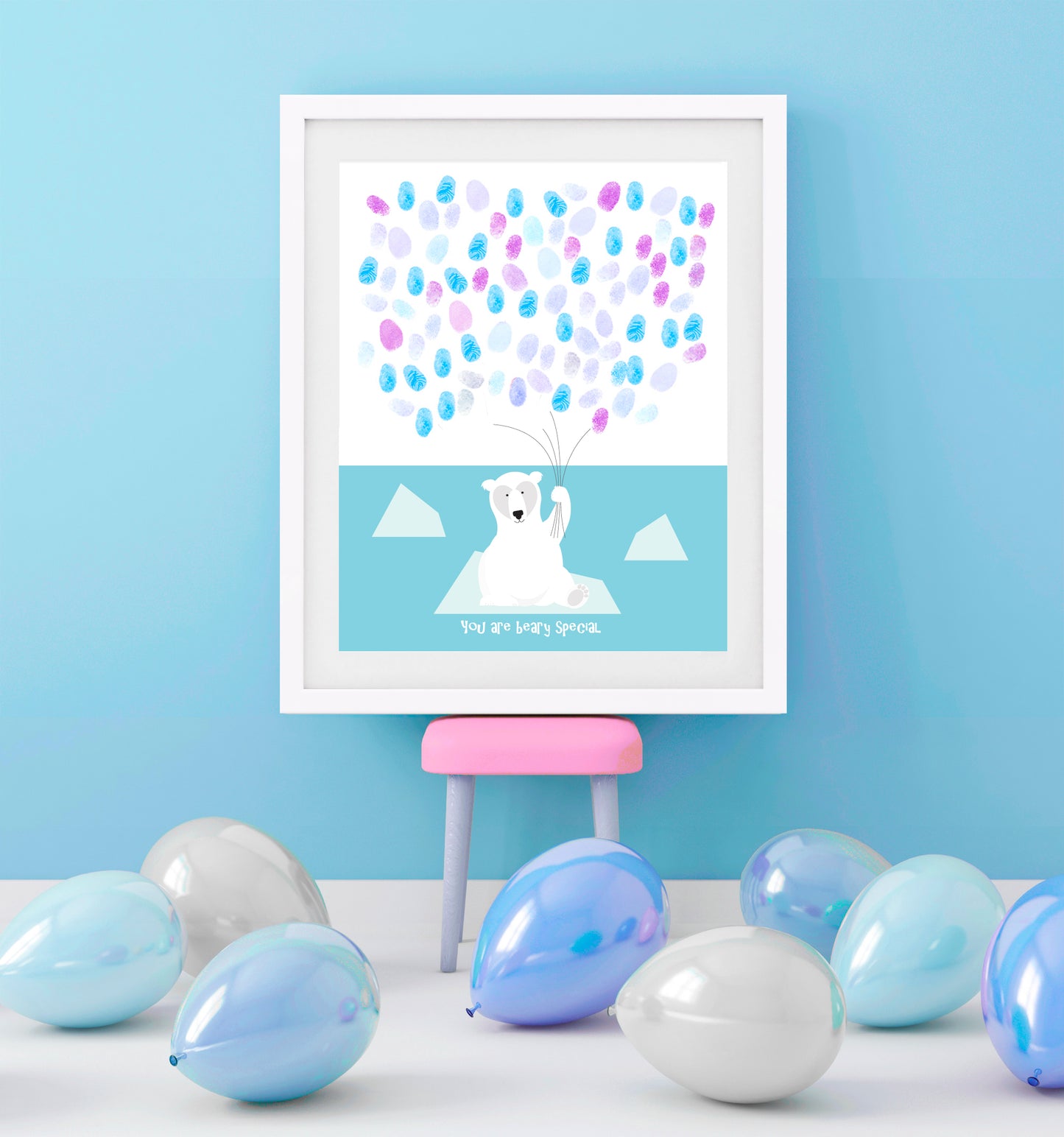 polar bear print in frame as a party guest book, polar bear sitting on ice holding balloons which are guests fingerprints