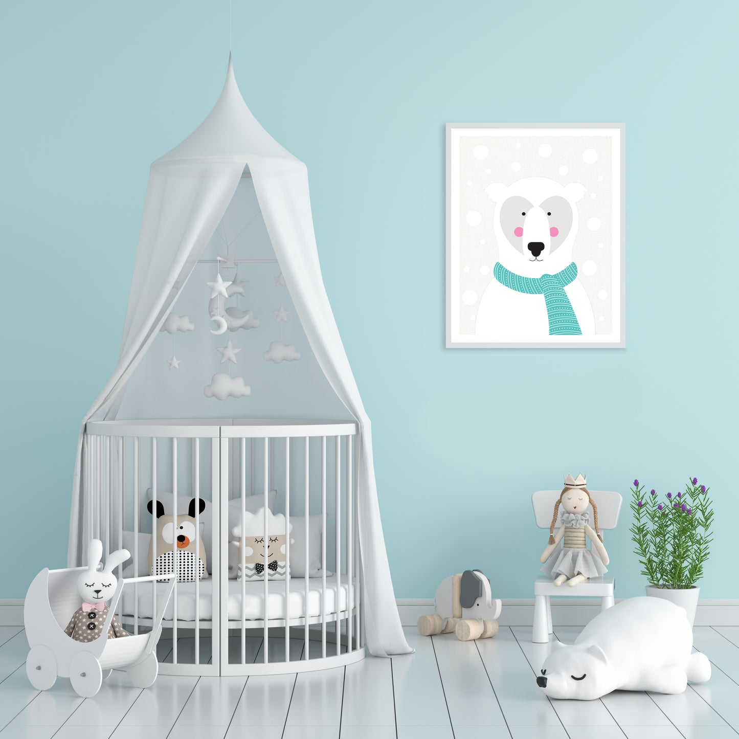 turquoise winter or arctic animal themed nursery with polar bear print