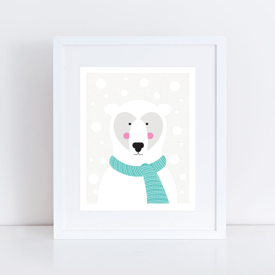 polar bear wearing turquoise scarf in a snow storm print
