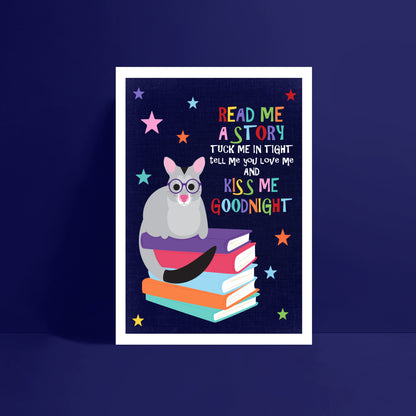 Australian animal nursery art print with colourful possum and storytime text