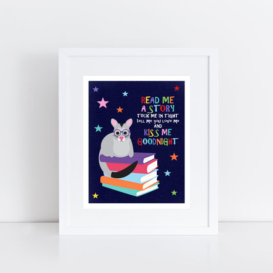 Storytime Possum print featuring a cute possum on books with bedtime quote