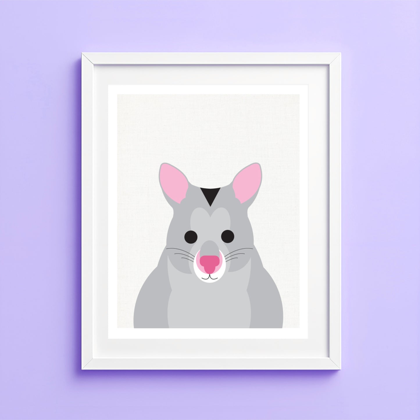 Illustration of a rat's face on a purple wall