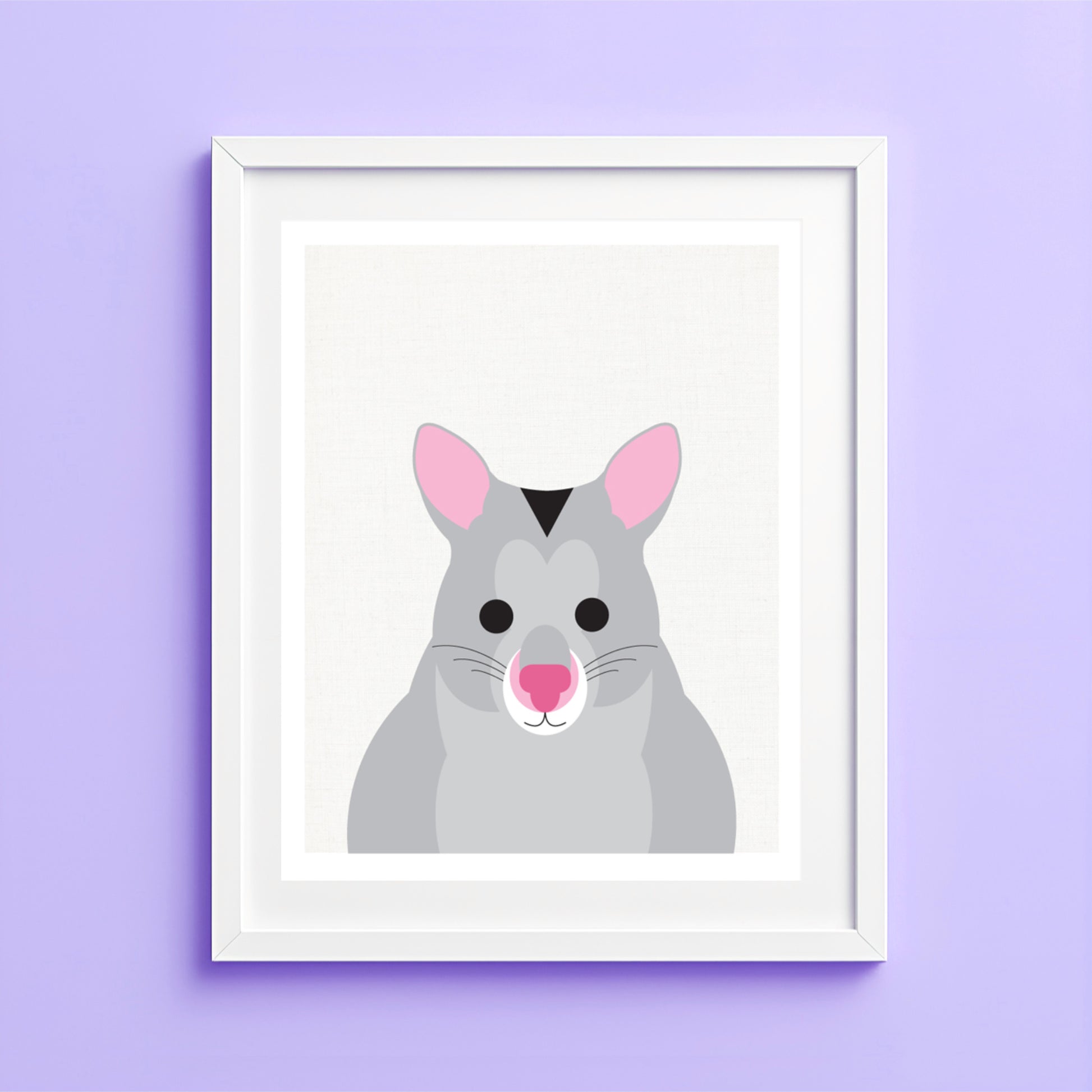 Illustration of a rat's face on a purple wall