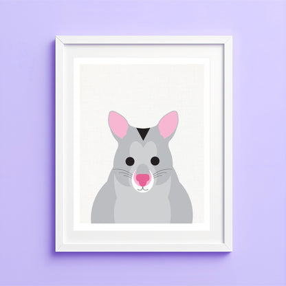 Illustration of a rat's face on a purple wall