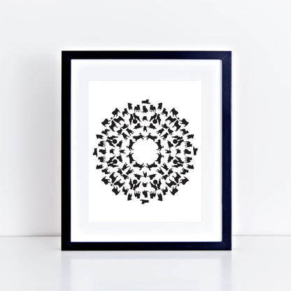 print of dancing pugs in mandala shape