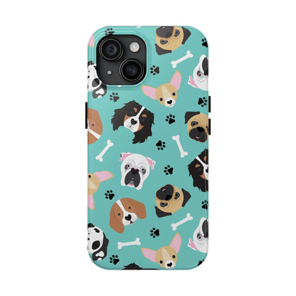 phone case features cute dog faces in a vibrant array of colours set against a turquoise background, accented by playful paw prints and dog bone motifs.