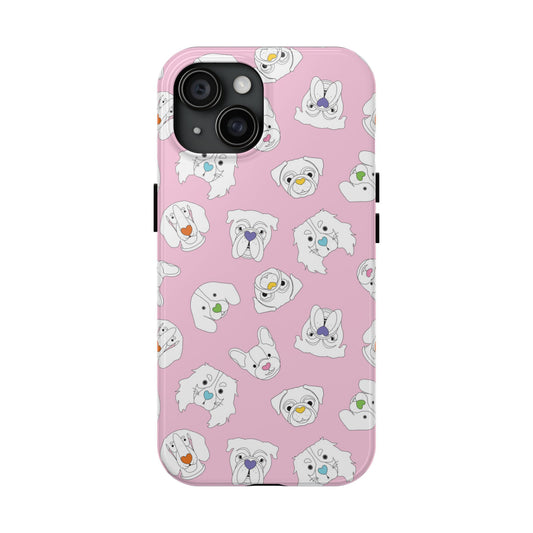 cute phone features adorable dog faces, each with a charming heart-shaped nose on a background is a soft pink