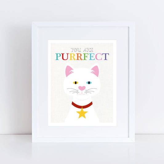 cute white cat with heterochromia - different colorful eyes art print with your are purrfect