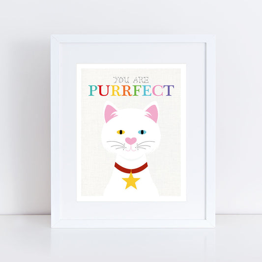 cute white cat with heterochromia - different colorful eyes art print with your are purrfect 