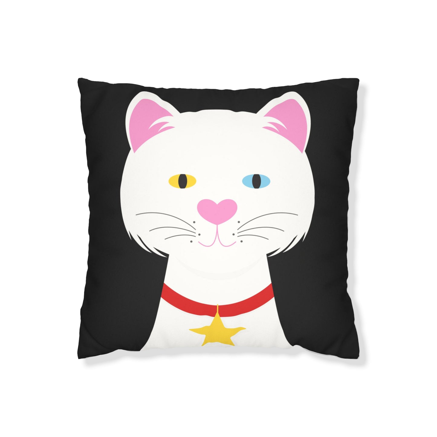 cushion cover with a white cat with heterochromia - different coloured eyes - on black background