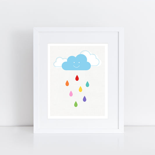 print of a smiling cloud raining colourful raindrops