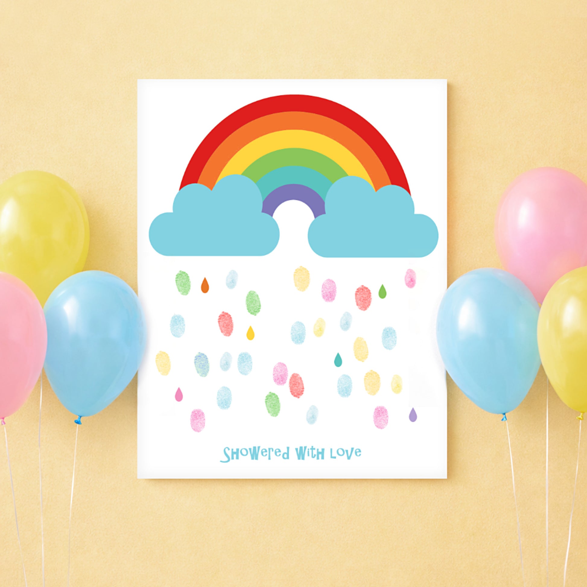 Guest book poster with rainbow and clouds design surrounded by colorful balloons on a yellow background