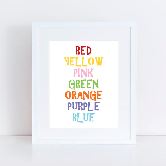 print with colours of the rainbow spells out in bright colours
