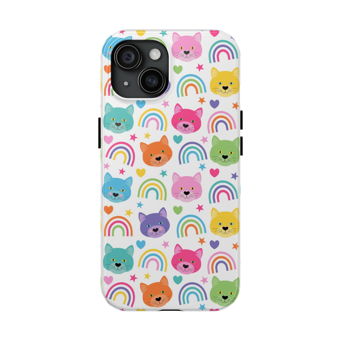 fun phone case features an array of adorable kitten faces in a vibrant rainbow of colours, paired with cheerful rainbows, hearts, and stars