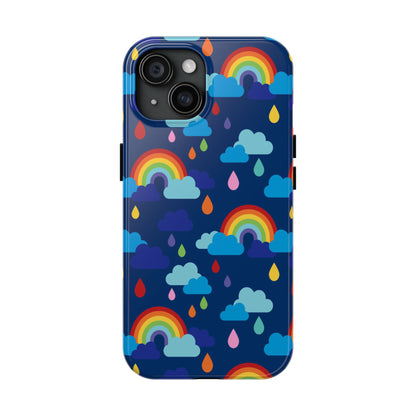  mobile phone case features a cheerful pattern of vibrant rainbows, colourful raindrops, and fluffy clouds, all set against a deep blue background. 