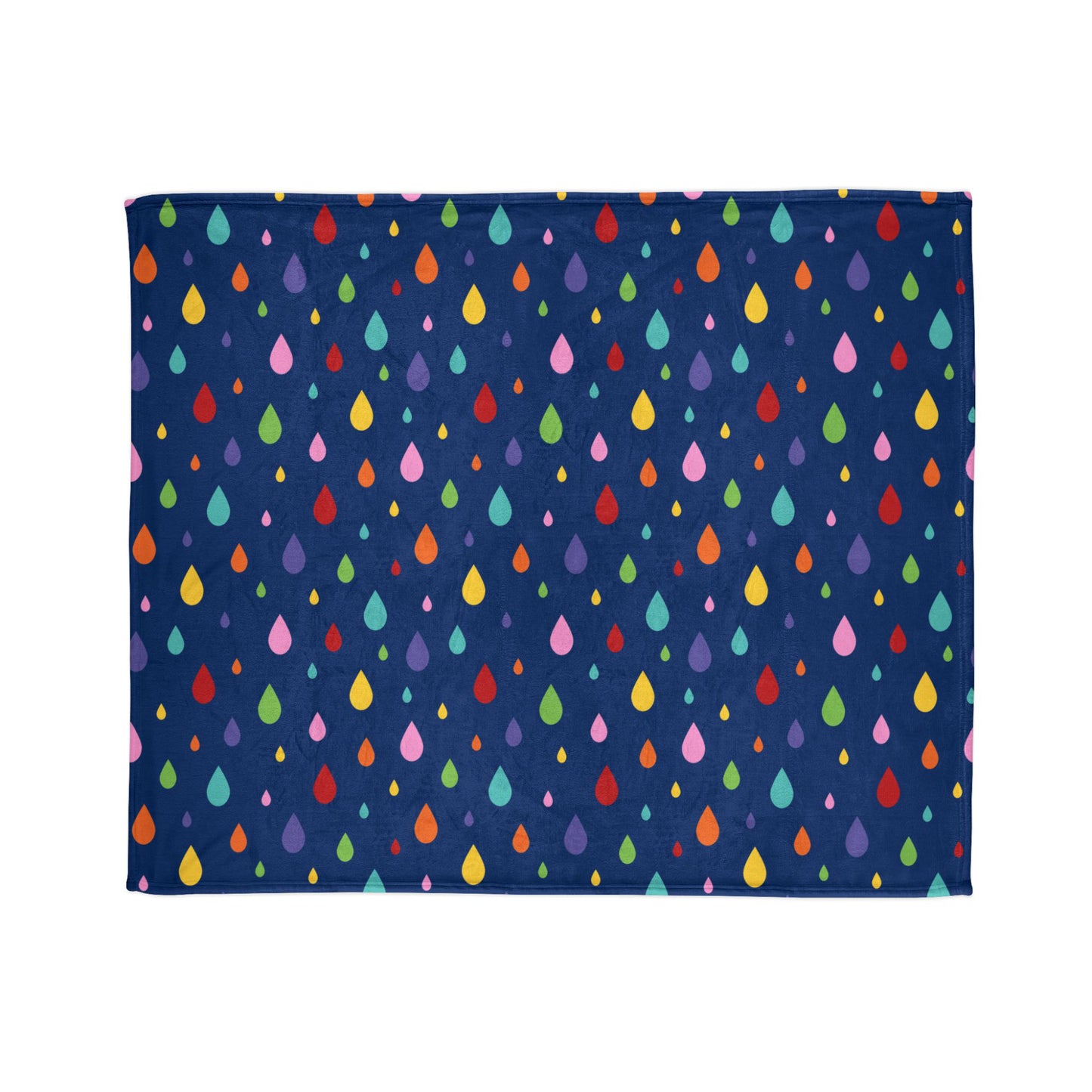 A large throw blanket with a dark navy blue background featuring a playful pattern of colorful raindrop shapes in various sizes and colors, including red, yellow, green, pink, and blue. 