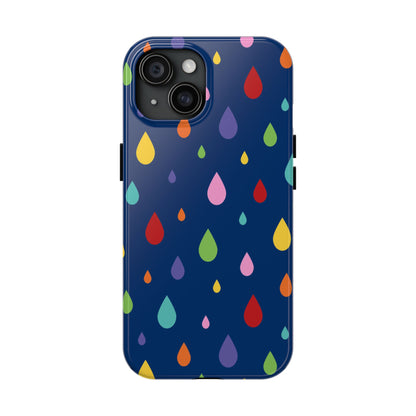 phone case that features an array of colourful raindrops cascading against a deep blue background