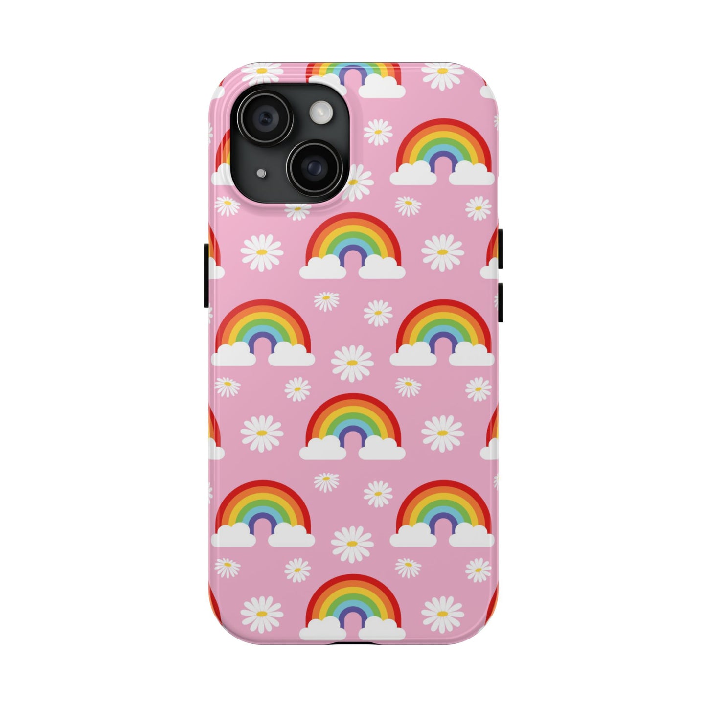 phone case featuring vibrant rainbows, fluffy white clouds, and cheerful daisies on a pink background, 