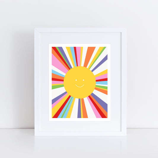 cheerful smiling sun wall art. Featuring a vibrant sun with rainbow rays