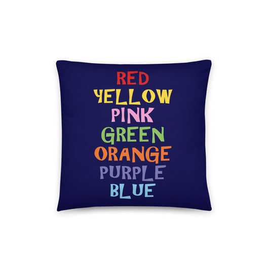 cushion cover with rainbow words red yellow pink green orange purple blue