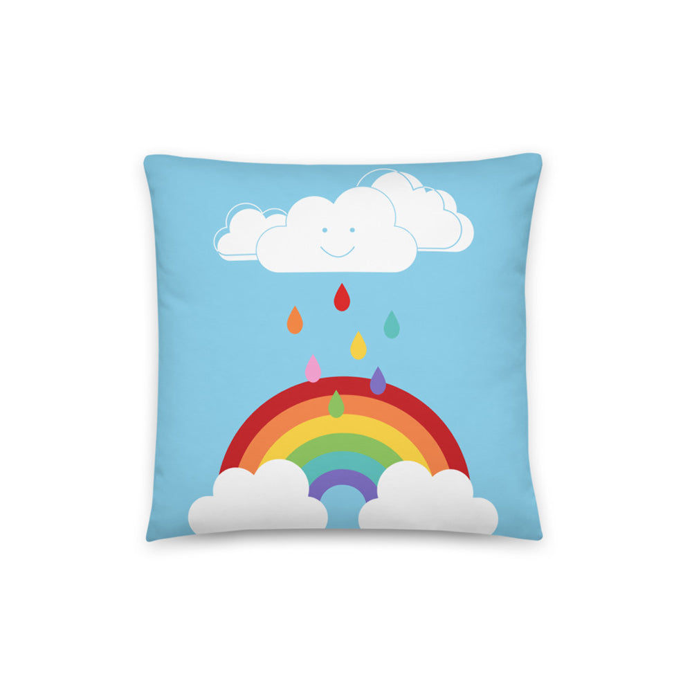 cushion cover for kids room with a bright and fun smiling rain cloud creating a rainbow