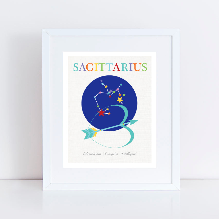 Bow and arrow in front of stars Sagittarius zodiac star sign birth stats print in frame