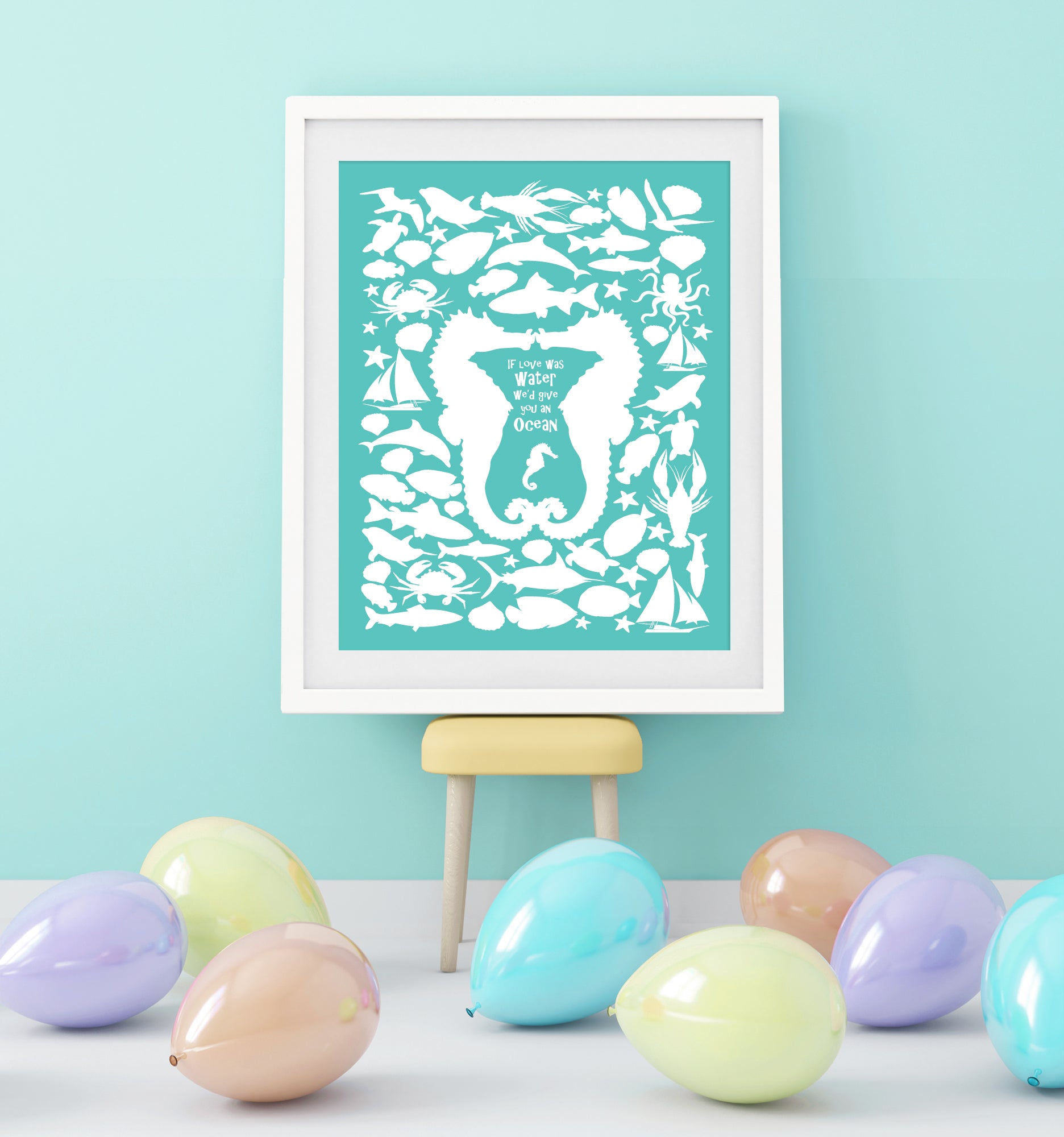 two pretty seahorses and a little baby seahorse plus scattering of sea creatures and boats gorgeous signature guest book poster in a frame at a party
