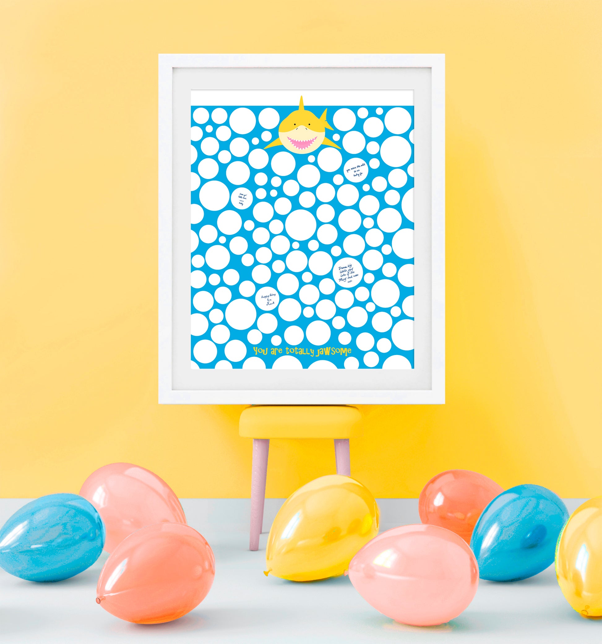 guestbook poster of a shark with bubbles at a party with balloons in yellow room