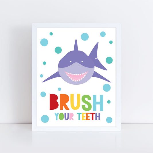 shark bathroom art with brush their teeth