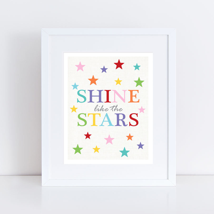 colourful star print rainbow stars surrounding SHINE like the STARS text