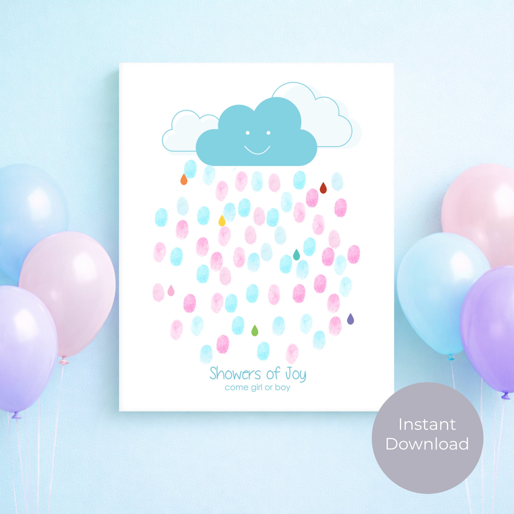 Poster with cloud and fingerprint design surrounded by balloons on a light blue background